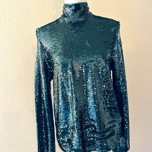 ZARA Emerald Green Sequin Turtleneck Long Sleeve Top – XS
